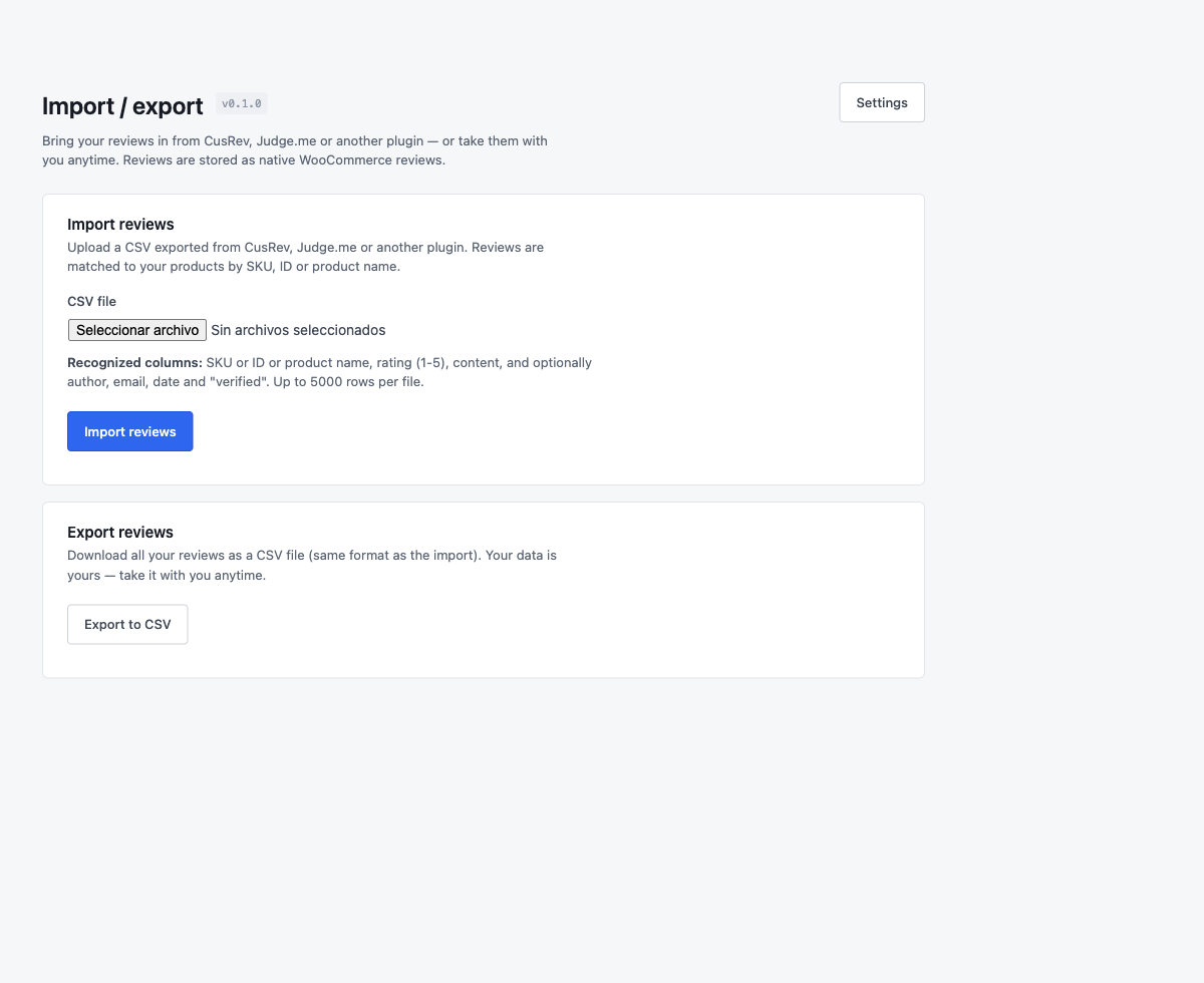 Import and export screen: bring reviews in from a CusRev or Judge.me CSV matched by SKU, ID or product name, and export all reviews to CSV anytime